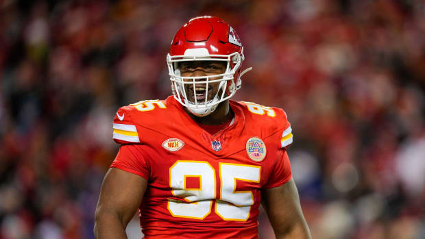 Kansas City Chiefs defensive tackle Chris Jones (95) reacts during the second half against the Buffalo Bills at GEHA Field at Arrowhead Stadium.